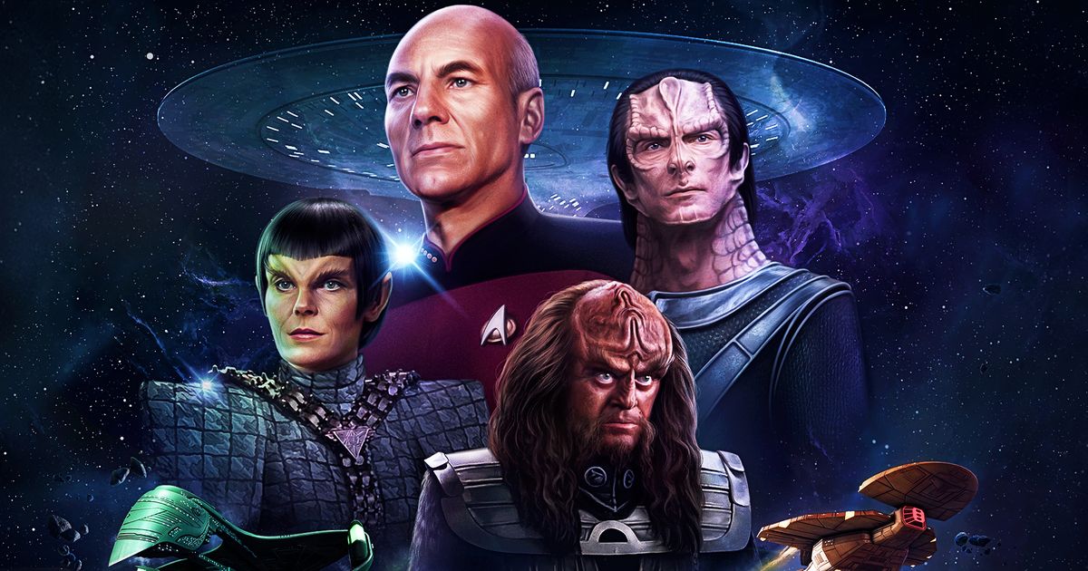 Four Star Trek characters stand in front of a space background and a spaceship