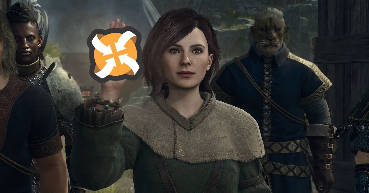 Pawn holding her hand up and revealing the Nexus Mods logo in Dragon's Dogma 2