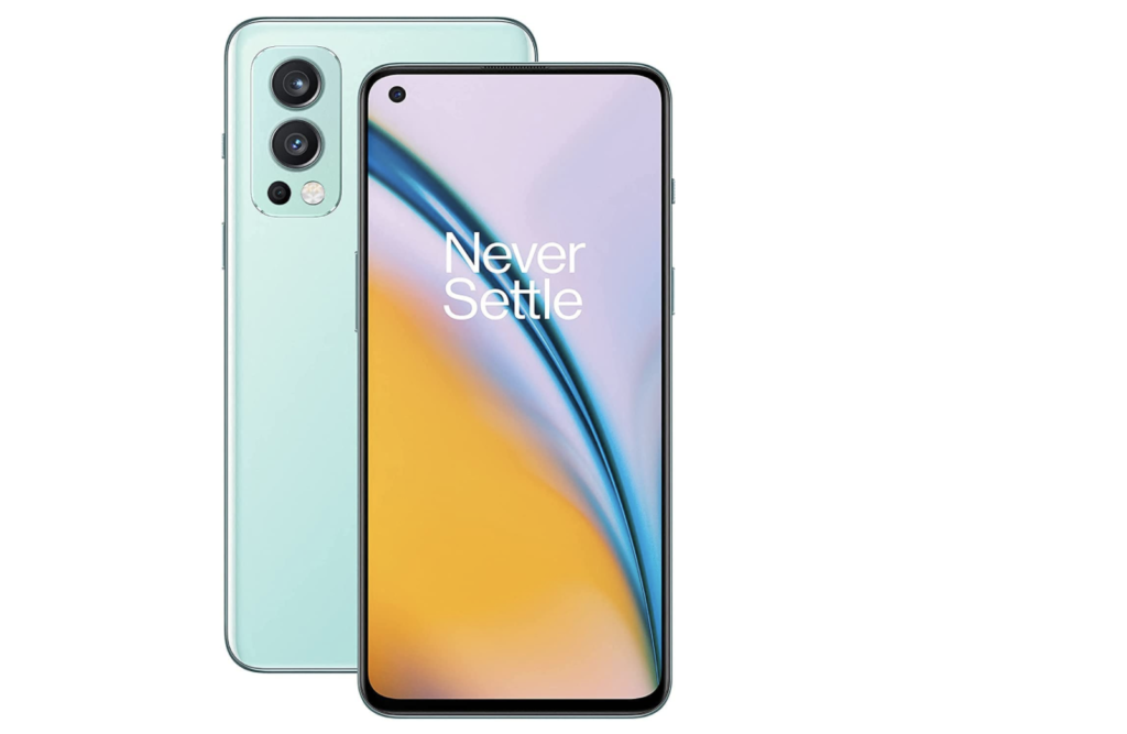 OnePlus Nord 2 5G product image of a near-frameless phone with a light blue reverse side.