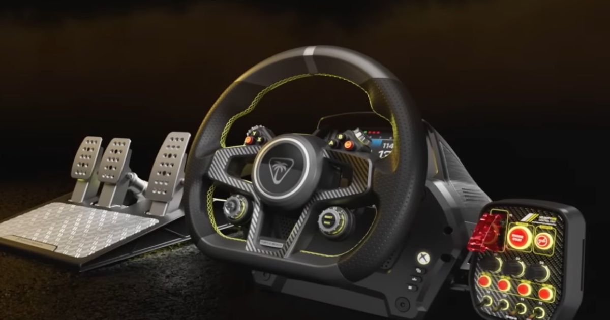 The Turtle Beach VelocityOne Race gaming wheel on a CGI background  