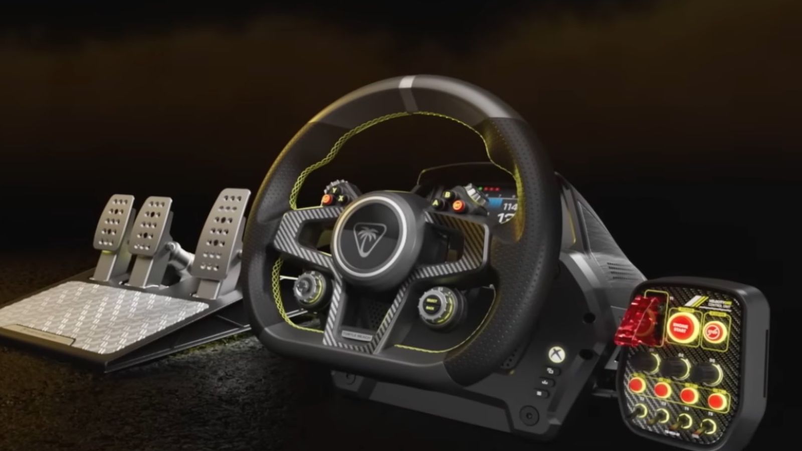 The Turtle Beach VelocityOne Race gaming wheel on a CGI background  