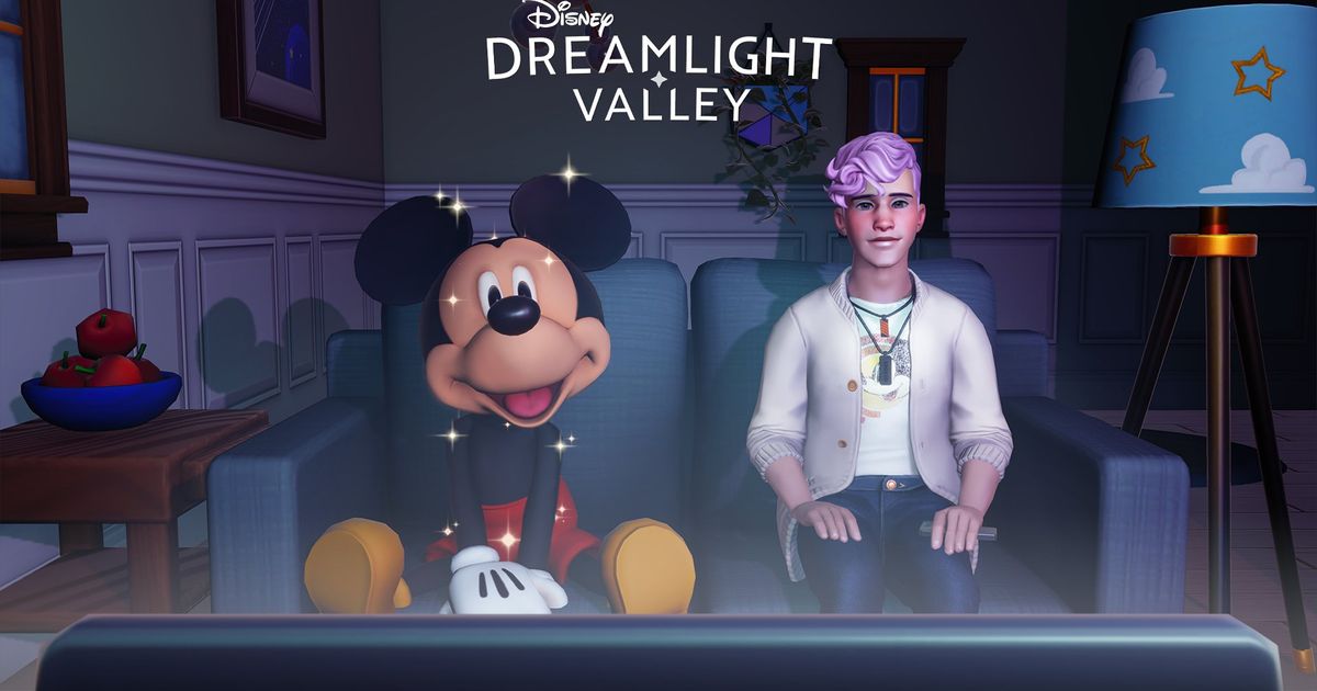 Mickey Mouse on a sofa with a player's avatar, watching TV - Disney Dreamlight Valley cloud save error 
