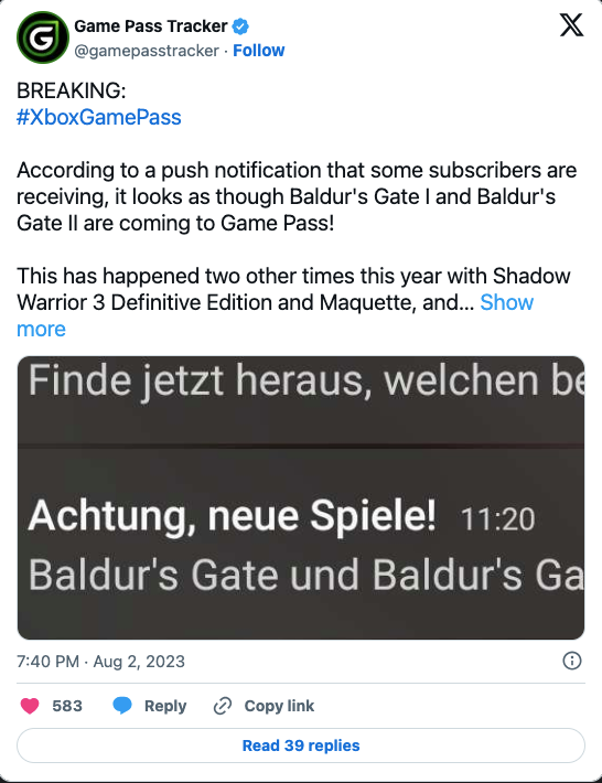 Game Pass Tracker confirms the first two Baldur's Gate games are coming to the subscription service.