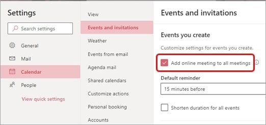 A screenshot of the Add online meeting to all meetings checkbox on Microsoft Outlook on web.