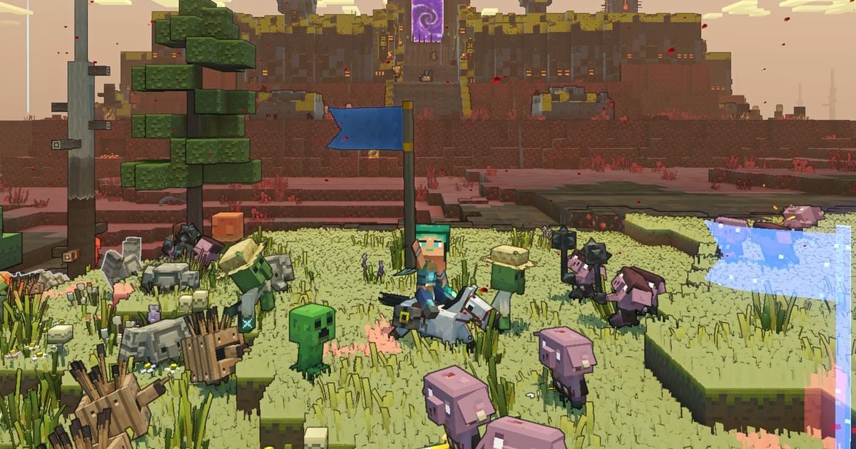 Minecraft Legends crossplay pigs with character holding flag