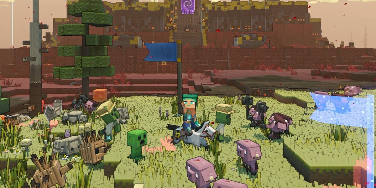 Minecraft Legends crossplay pigs with character holding flag