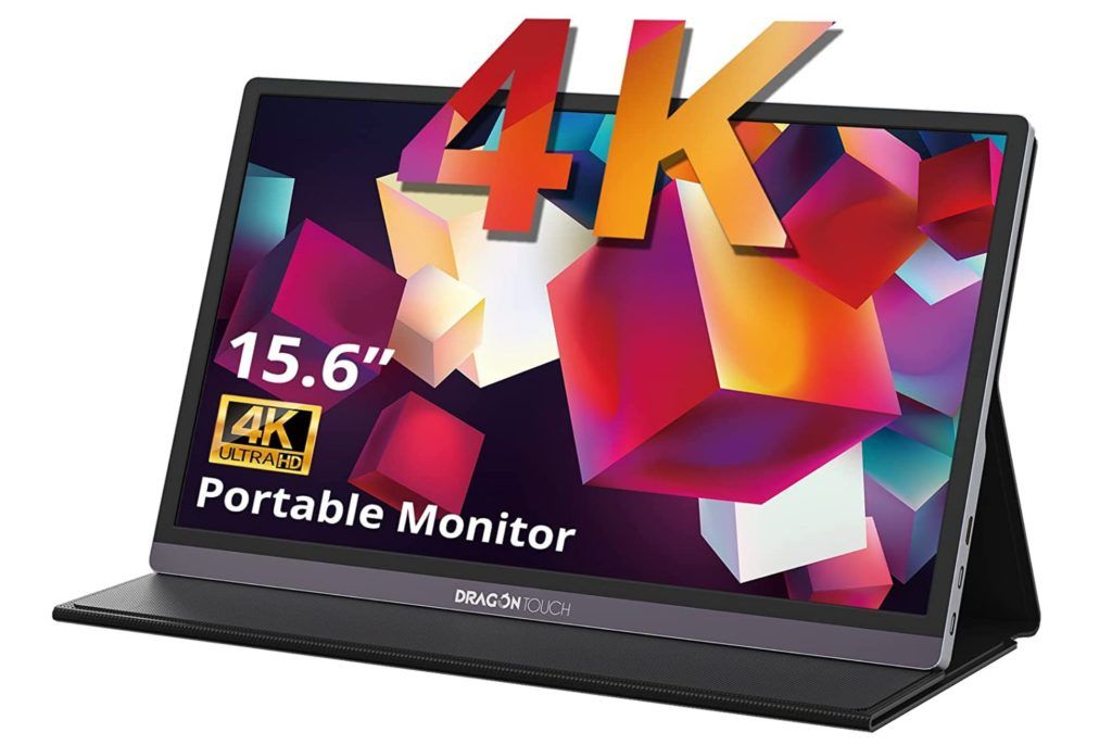 Dragon Touch 4K Portable product image of a dark grey foldable monitor with red, cream, purple, and blue cubes on the display.