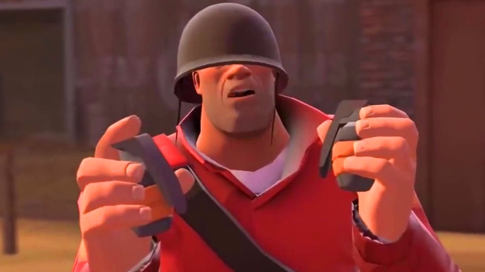 The soldier from Team Fortress 2 looking confused 