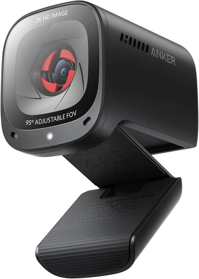 Anker PowerConf C200 product image of a black webcam with red details under the lens.