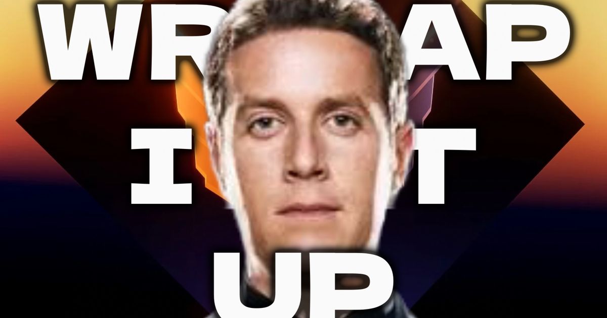 The Game Awards 2023 host Geoff Keighley on a Game Awards background with the words “Wrap It Ip” surrounding him 