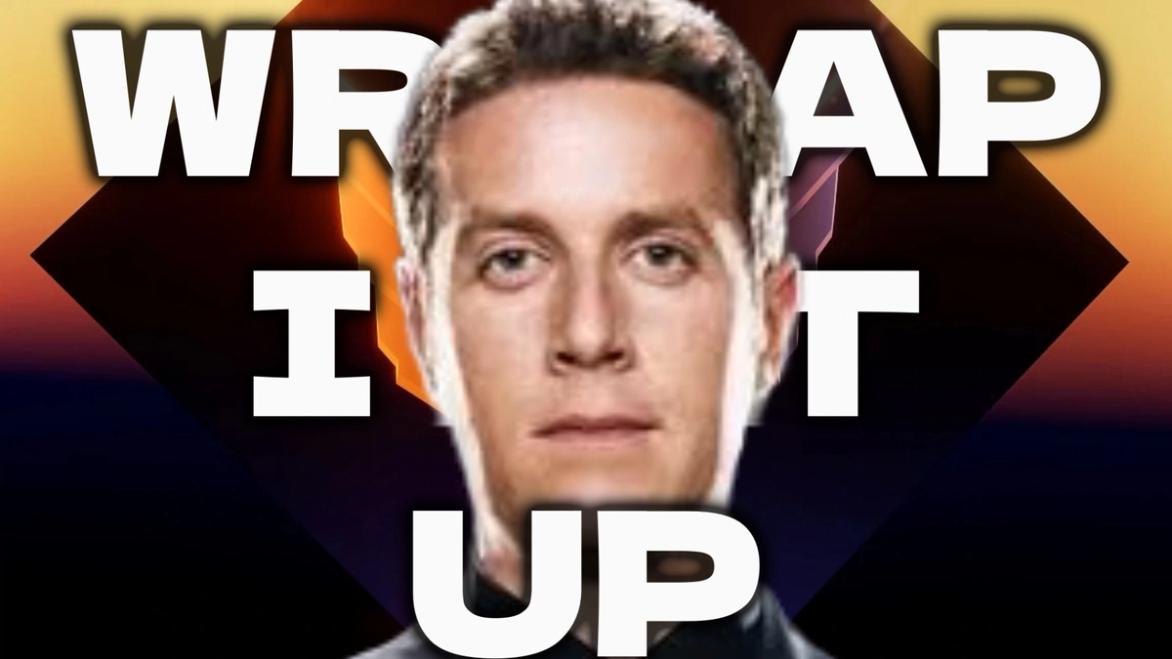 The Game Awards 2023 host Geoff Keighley on a Game Awards background with the words “Wrap It Ip” surrounding him 