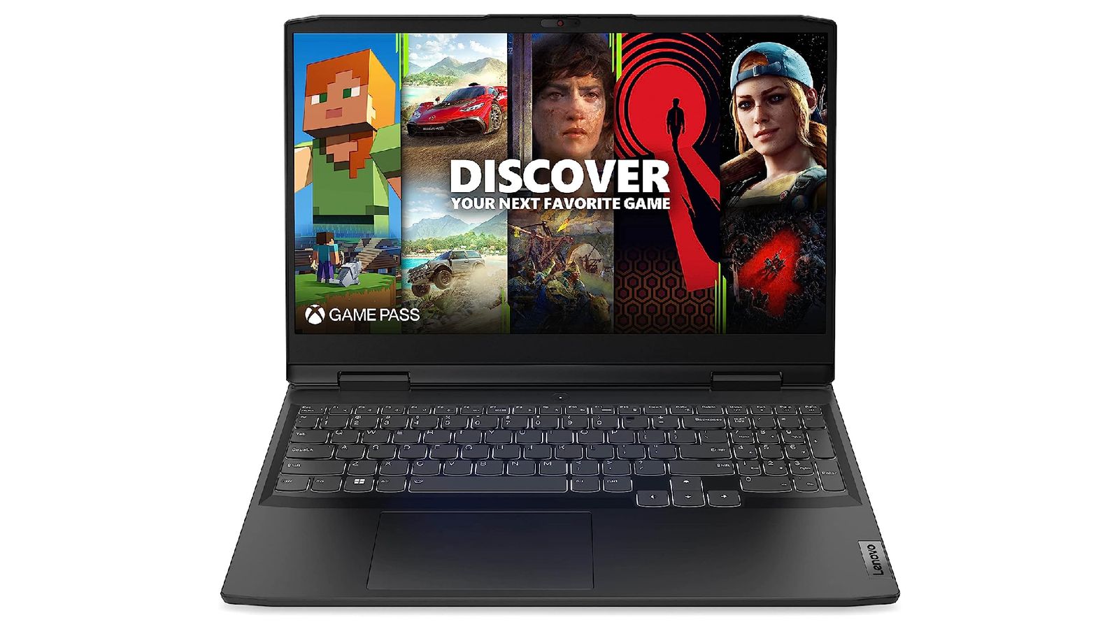 Lenovo IdeaPad Gaming 3 product image of a black gaming laptop featuring images from multiple games on the display, including Minecraft.