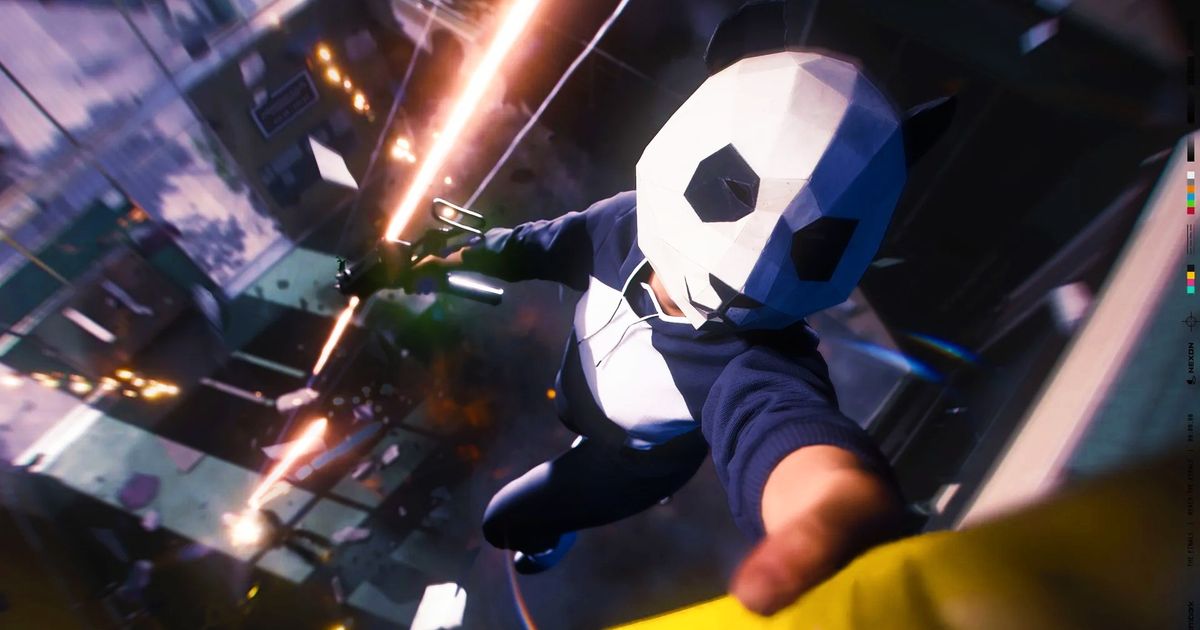 The Finals - person in a panda mask holding a submachine gun while hanging off a vertical yellow rope.