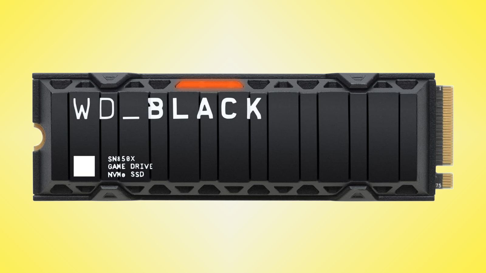 WD_BLACK SN850X product image of a black SSD featuring white branding, gold connections, and an orange detail.