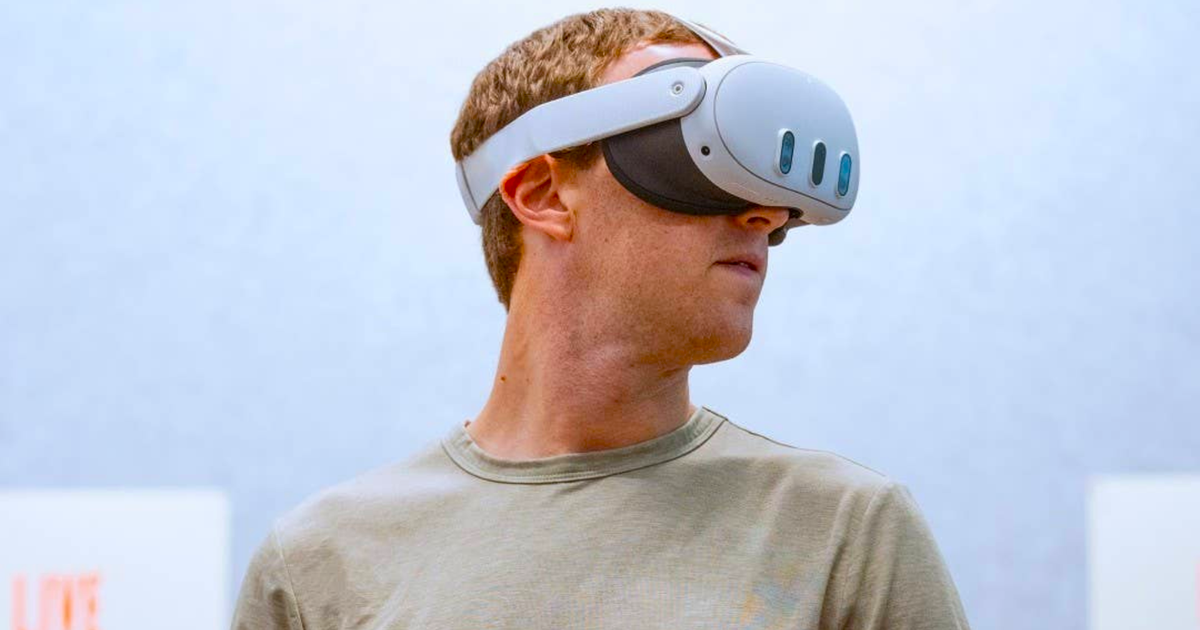 An image of Mark Zuckerberg wearing a Meta Quest 3 headset which has a battery life around 2-3 hours