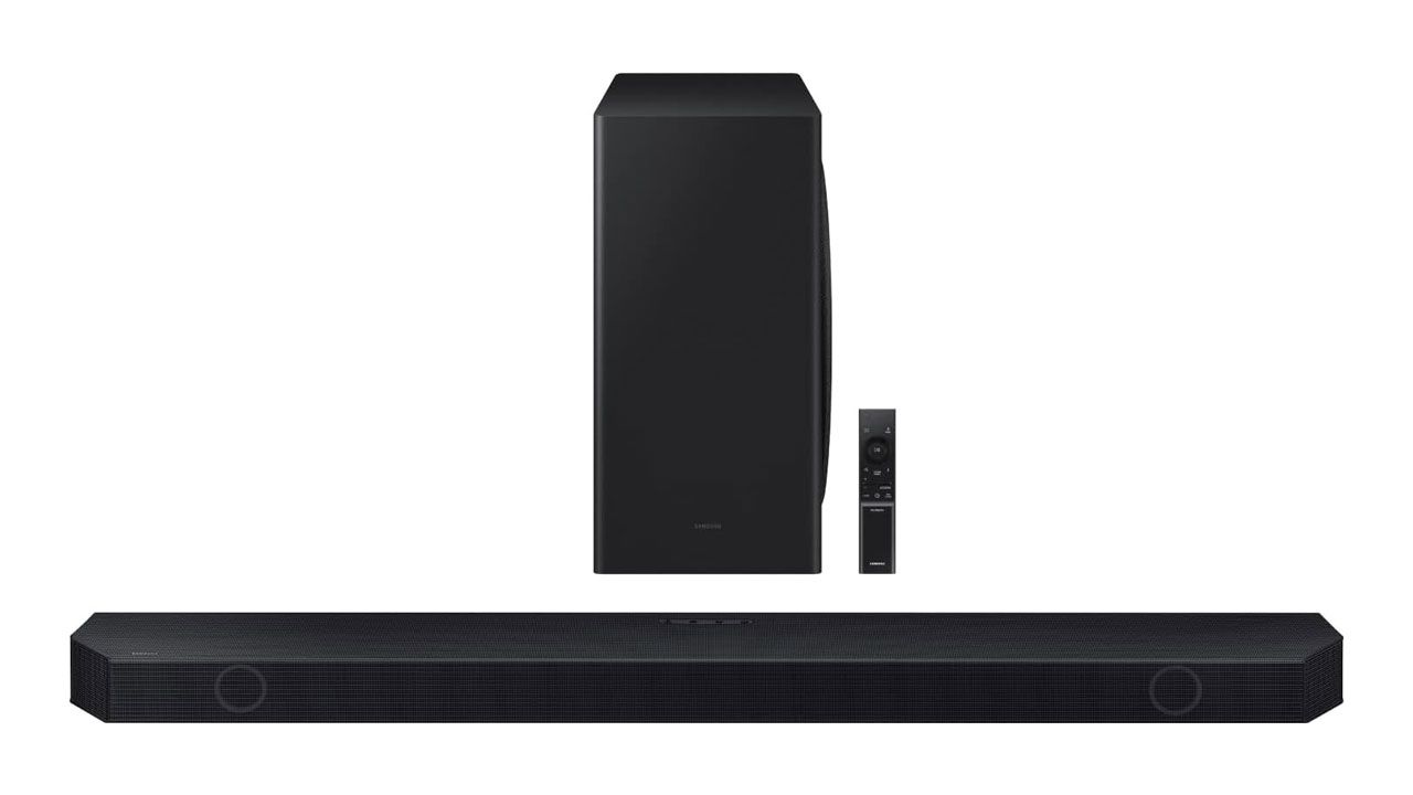 Samsung HW-Q800C product image of a long black soundbar in front of a black speaker and remote.