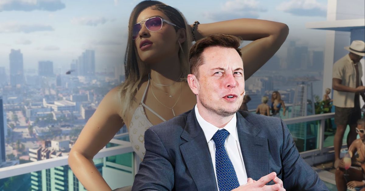 GTA 6 model posing on a rooftop, obstructed by Elon Musk looking aggravated in the foreground