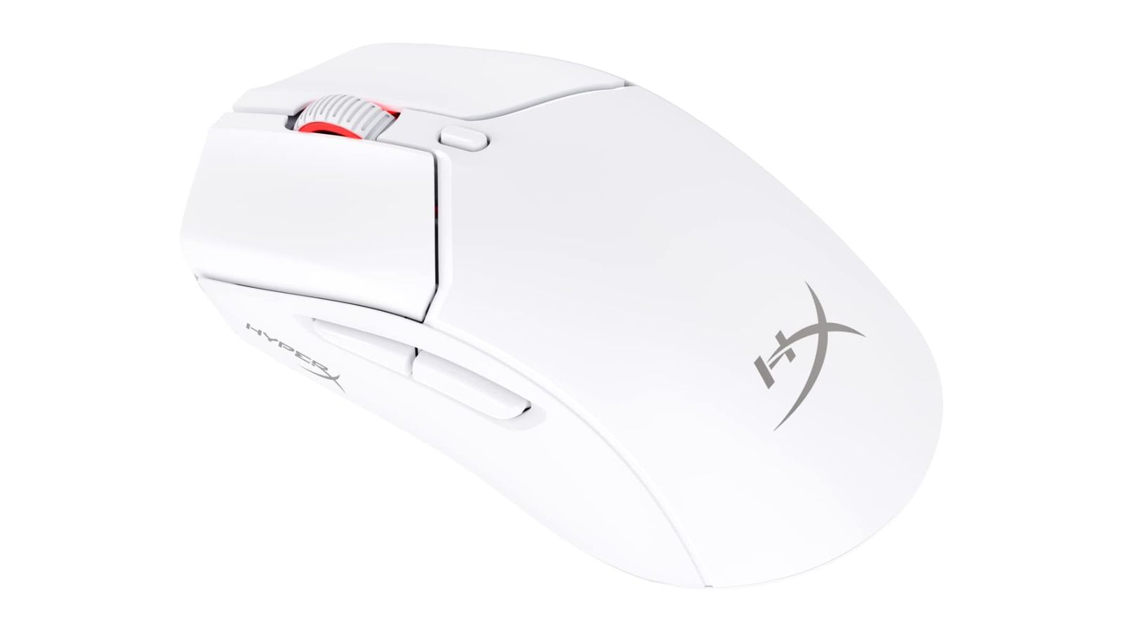 HyperX Pulsefire Haste 2 product image of a white mouse with a grey HyperX logo at the bottom and red detail on the scroll wheel.