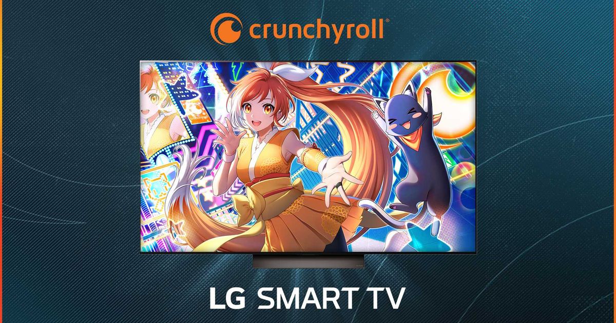 crunchyroll orange haired anime girl and happy black cat on lg smart tv