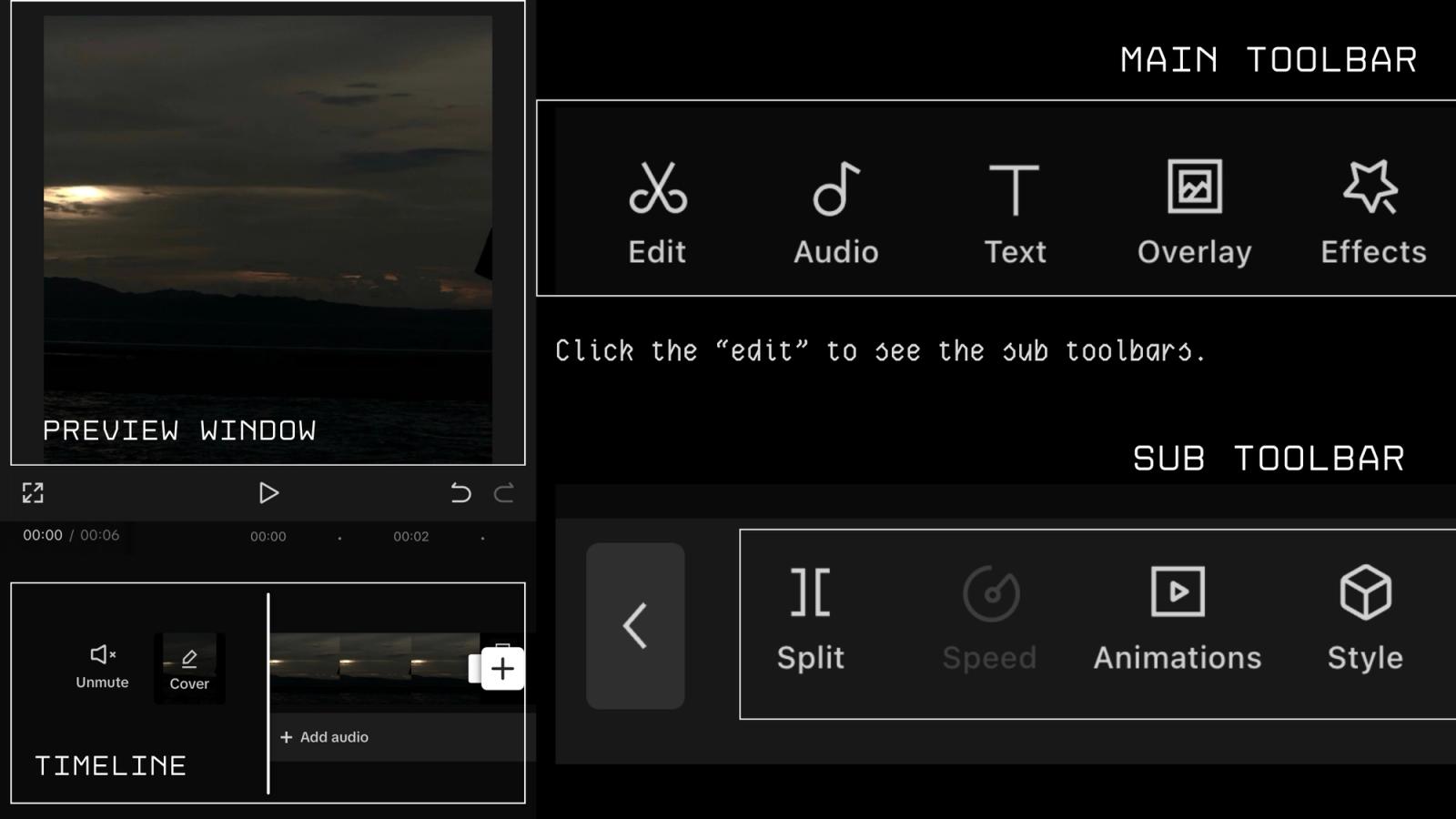 how to edit video presentation in capcut Screenshot showcasing CapCut's four key components