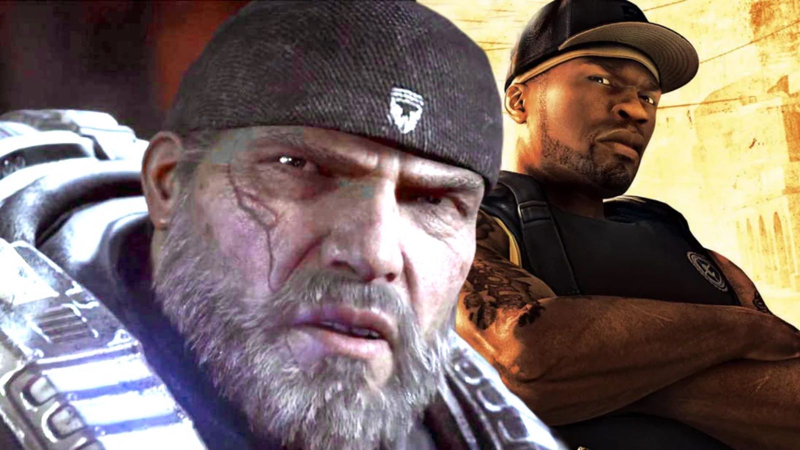 Gears of War character Marcus Fenix next to Hip Hop star 50 Cent