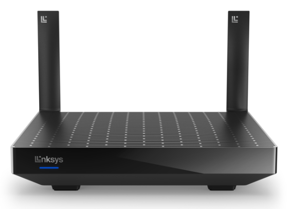 Linksys Hydra Pro 6 product image of a black router with white and blue branding on the front and two antenna sticking out the back.