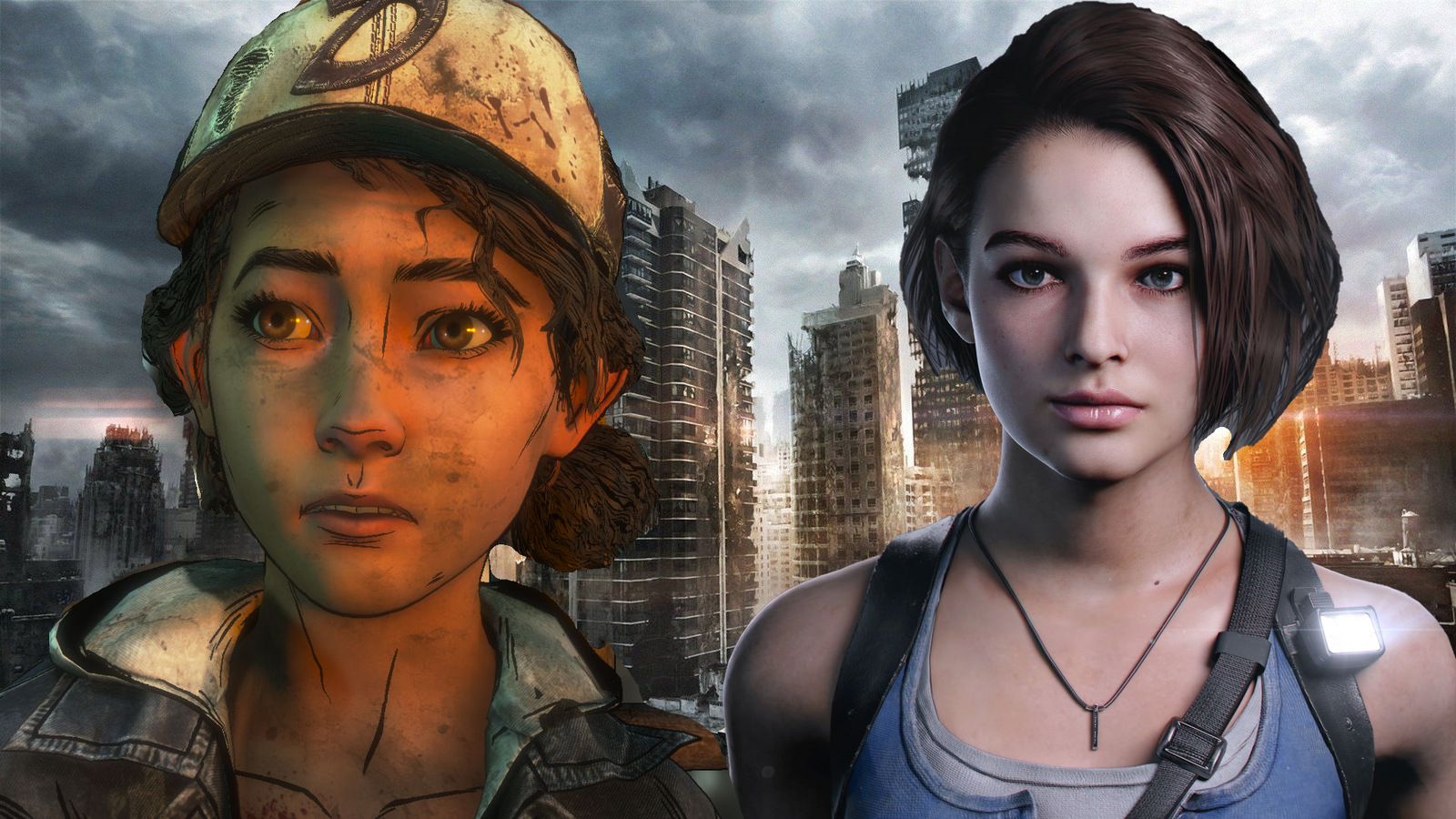 Empowering women in horror Clementine and young Jill Valentine with post apocalyptic background
