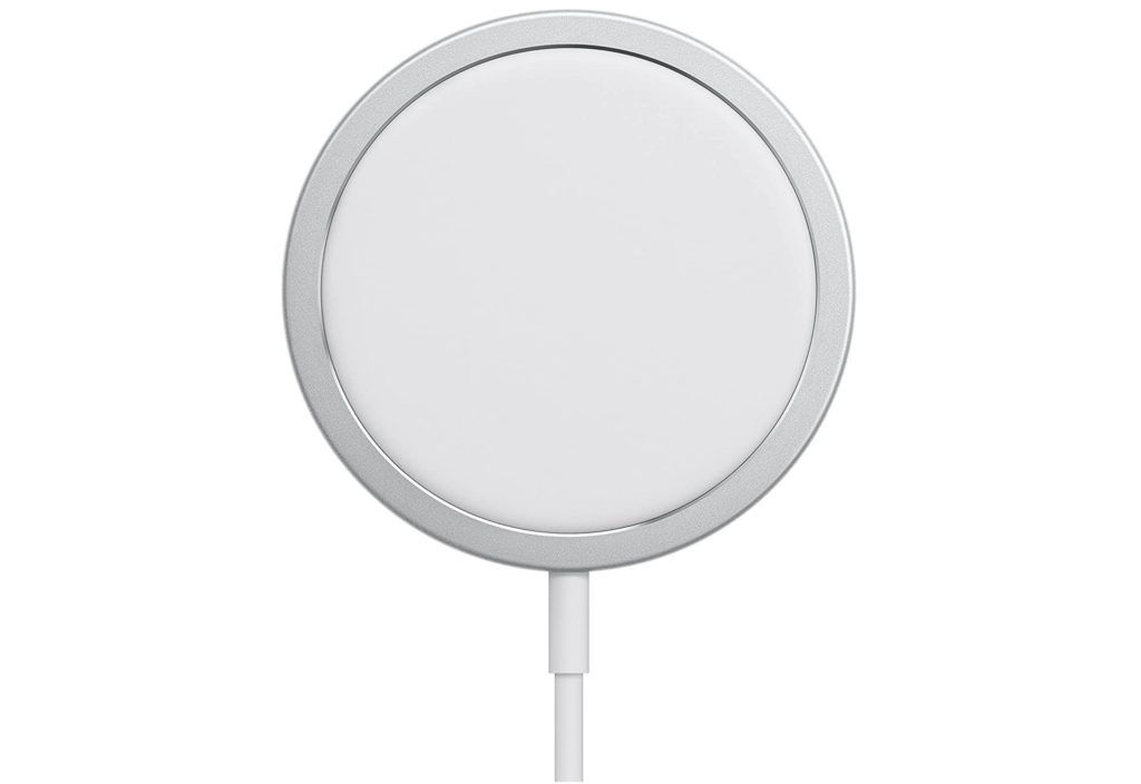 Apple Mag-Safe Charger product image of a white wireless charging pad.