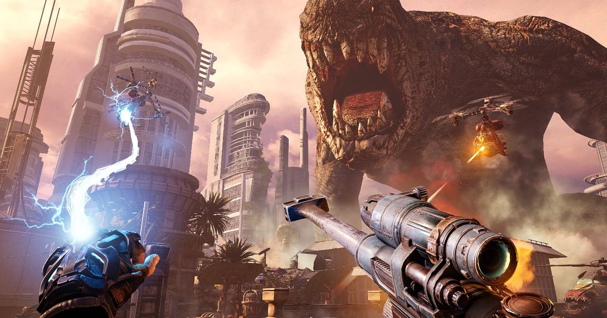Player holding a sniper and leashing a Vulture in Bulletstorm VR
