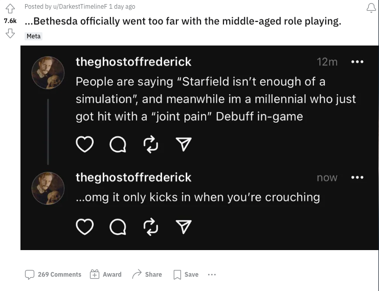 Fans on Reddit share a Thread that discusses millennial pain in Starfield.