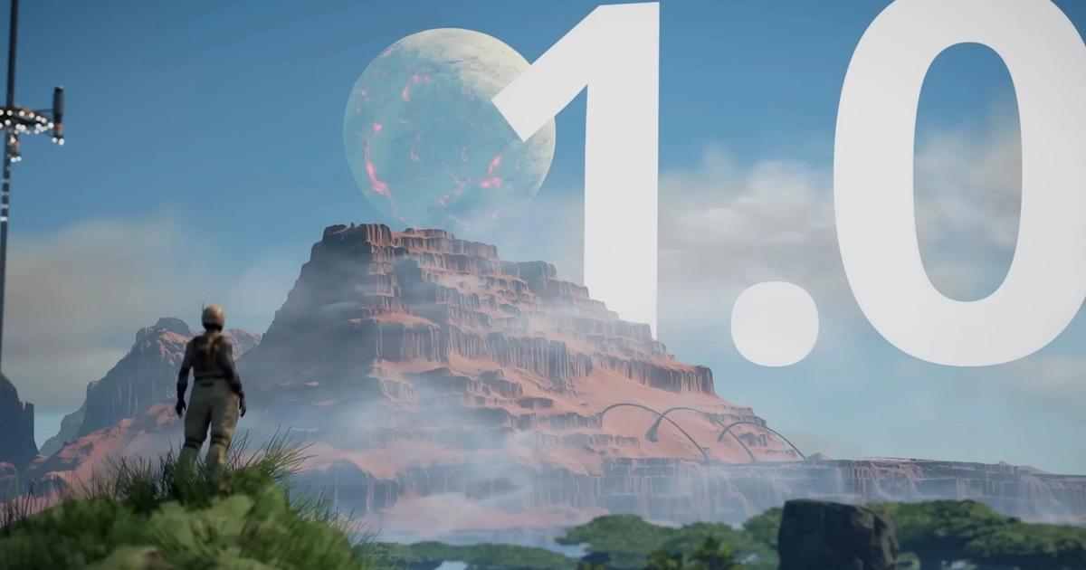satisfactory version 1.0 release promo art from coffee stain studio man on hill looking at mountain and sky with moon and 1.0 in sky