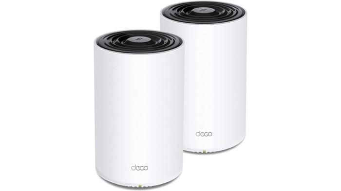 Best budget Wi-Fi router - TP-Link Deco X68 product image of two white cylindrical devices with black tops.
