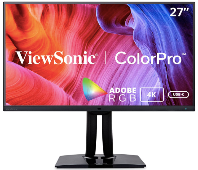 ViewSonic VP2785-4K product image of a black monitor with an orange, pink, purple, and blue pattern on the display.