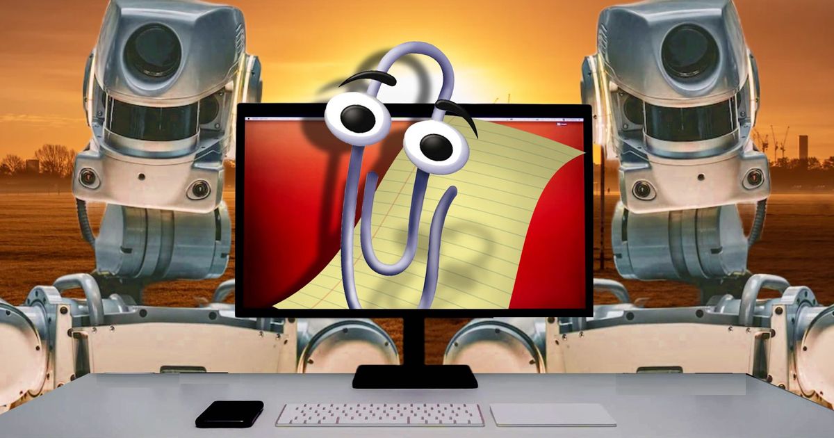 Clippy is the new face of AI - Clippy on a monitor next to two robots in the post apocalypse 