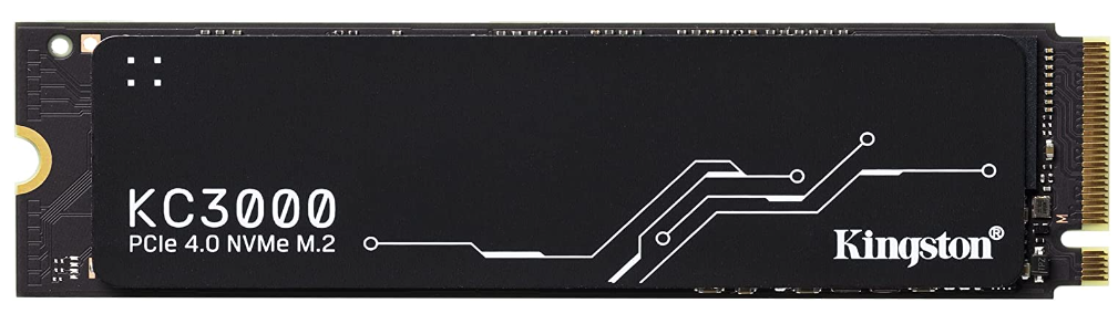 Kingston KC3000 product image of a black rectangular SSD featuring white branding on top.