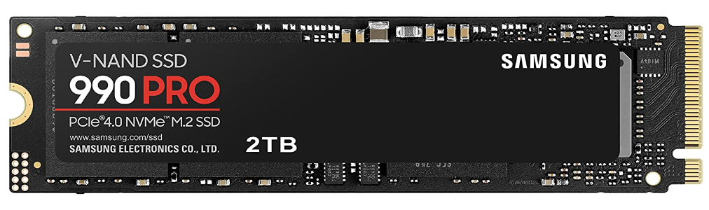 Samsung 990 Pro product image of a black rectangular SSD featuring white and red branding on top.