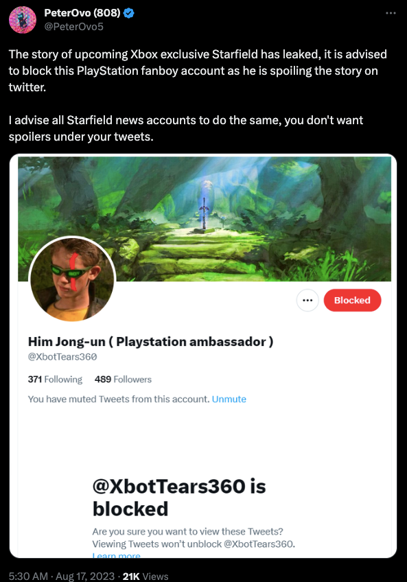 A Twitter user warns others that someone is spoiling Starfield's story.