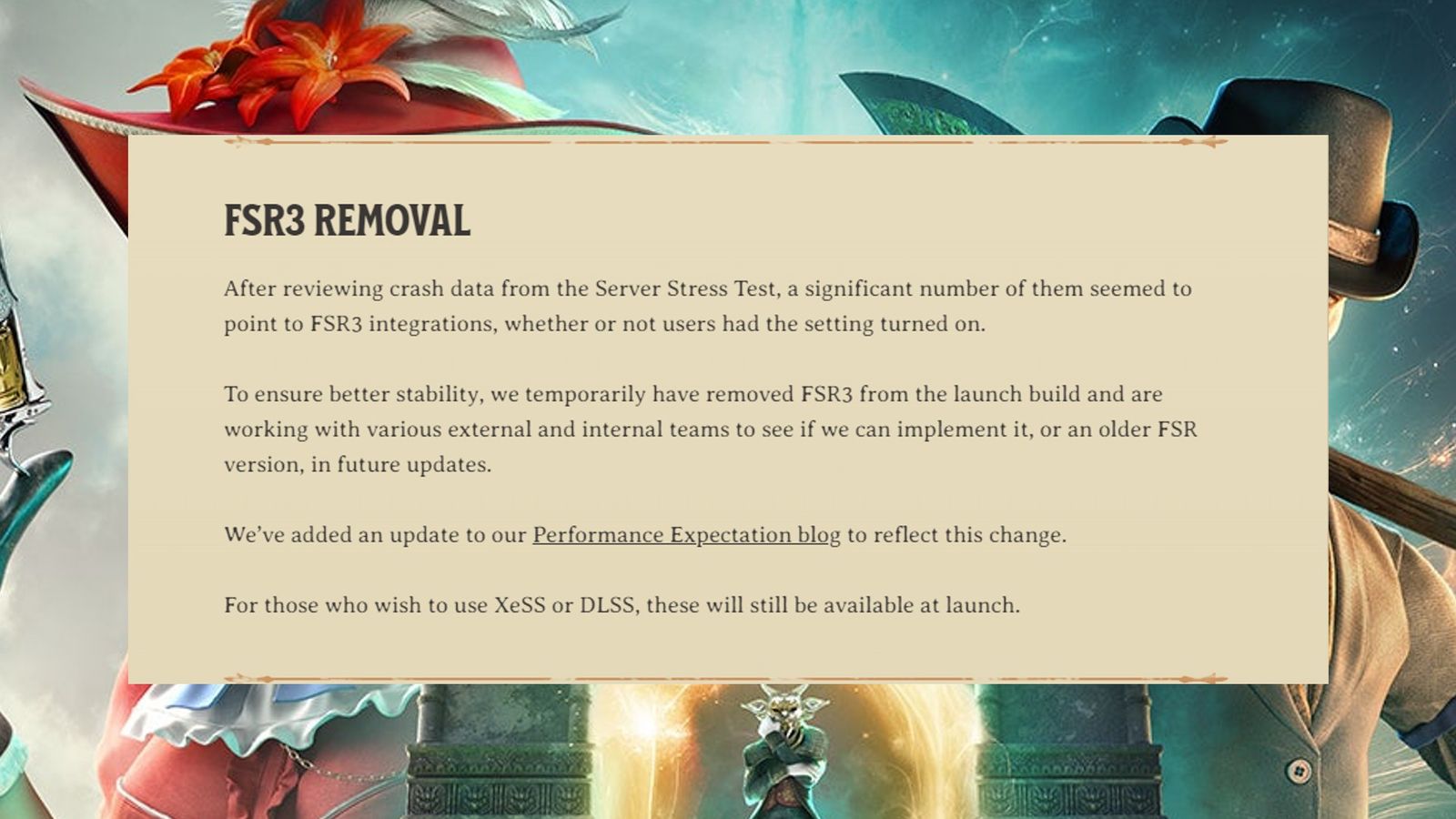 FSR3 removal notice on the community blog post from Nightingale developers, Inflexion Games