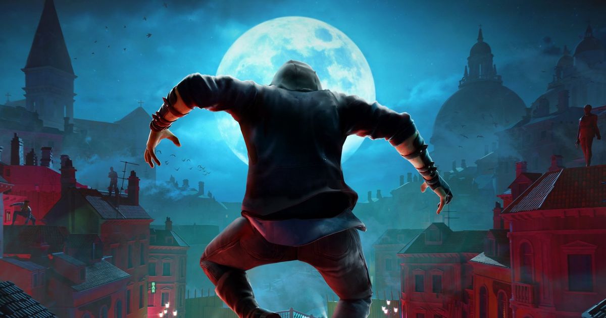 Vampire jumping off a rooftop in Vampire The Masquerade Justice key art