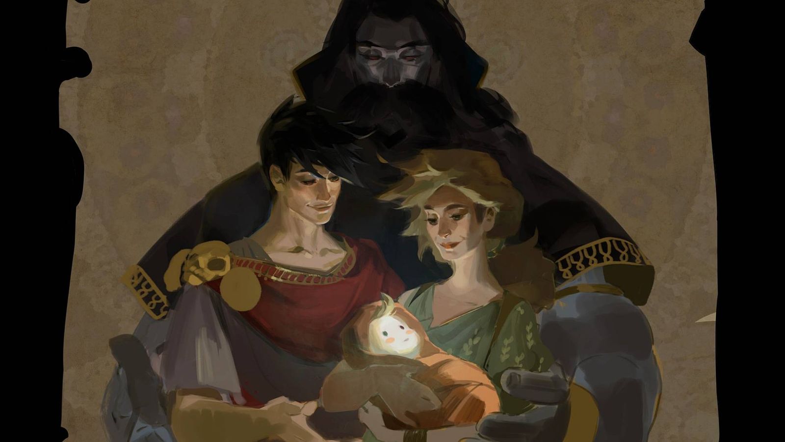 Melinoe as a baby, surrounded by Zagreus, Hades, and Persephone.