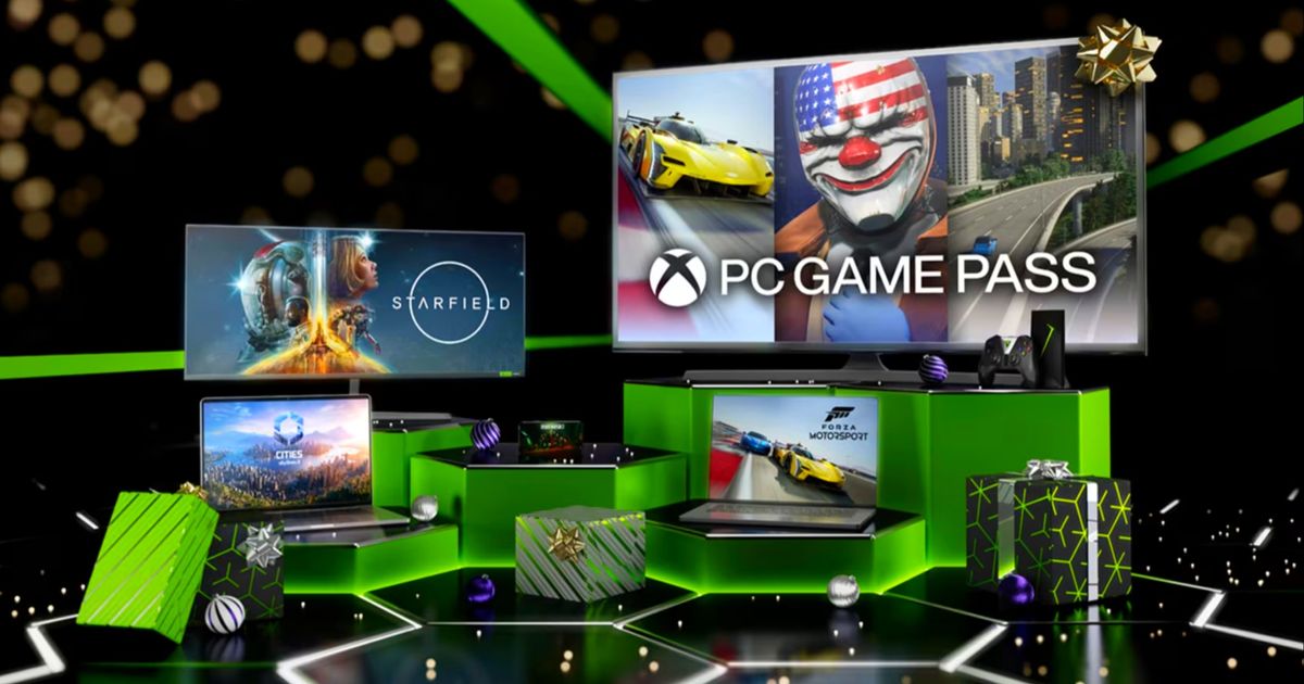 Gift wrapped presents and green hexagons with PC Game Pass advertised in the background.