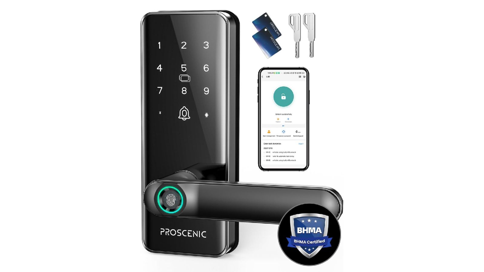 Prosenic Smart Lock product image of a digital black door handle featuring a number pad to enter.