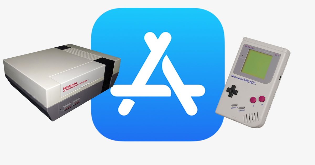 App Store logo behind an NES console and a GameBoy handheld