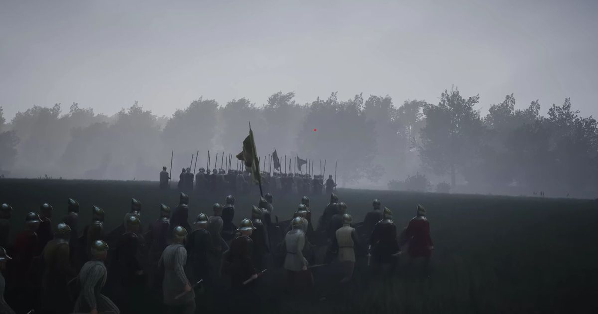 An image of soldiers in Manor Lords marching to battle.