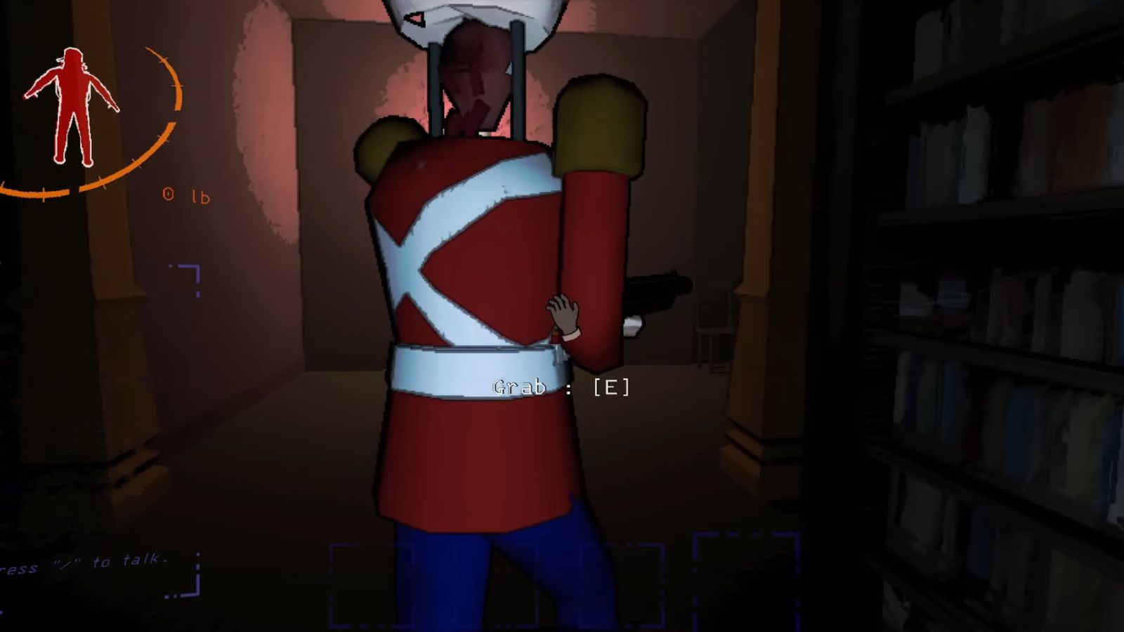 Lethal Company - "Grab : [E]", player crouching behind a Nutcracker enemy holding a shotgun
