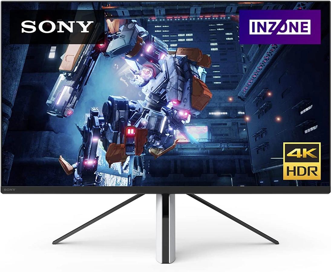 Sony Inzone M9 product image of a white and black monitor with a mechanical robot in front of a building on the display.