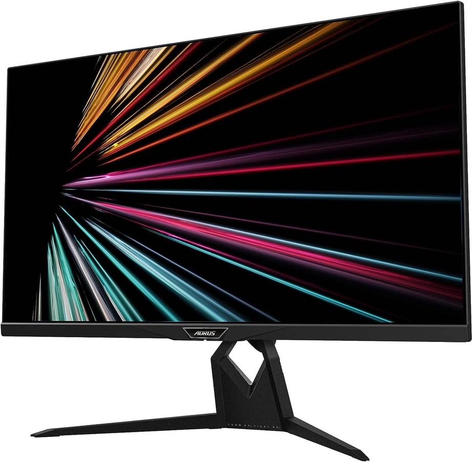 Gigabyte AORUS FI32U product image of a black monitor with light blue, pink, and orange lines on the display.