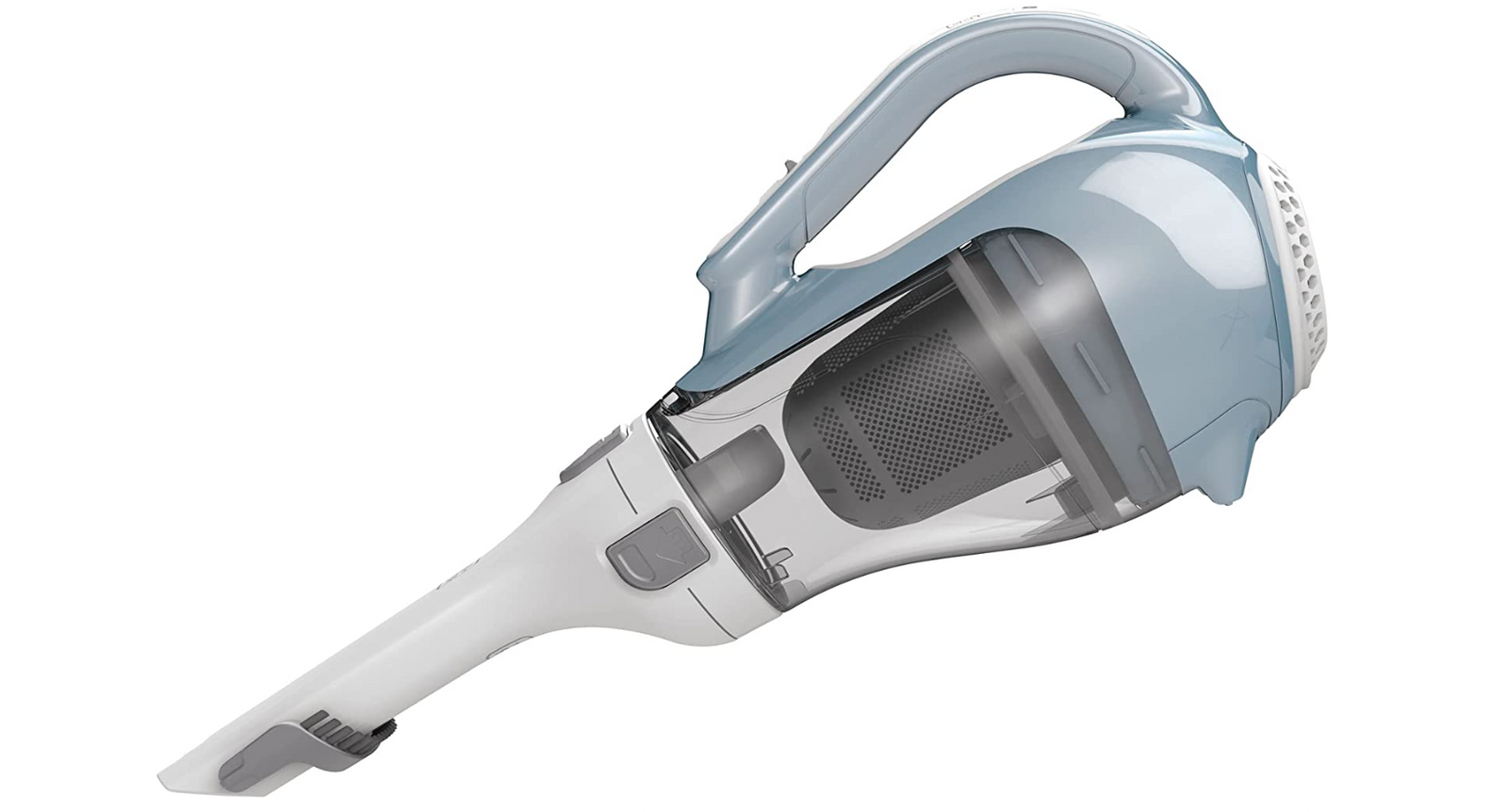 BLACK+DECKER dustbuster CHV1410L product image of a light blue, white, and grey cordless vacuum.