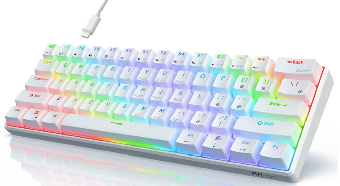 RK Royal Kludge RK61 product image of a white keyboard with multicoloured backlit keys.