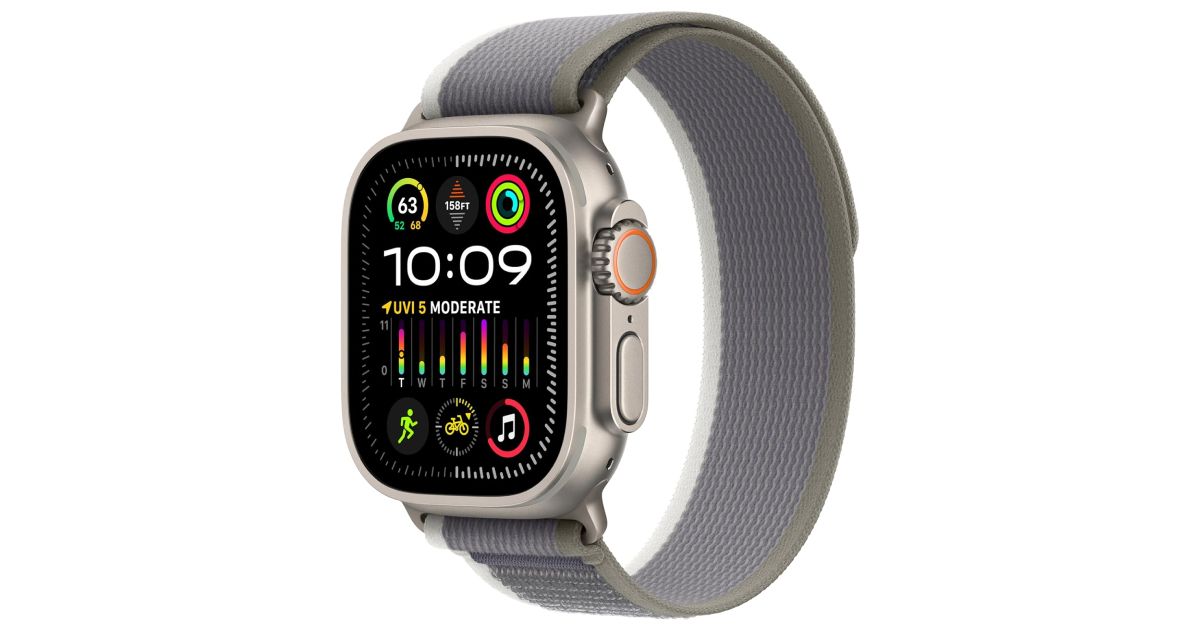 Apple Watch Ultra 2 product image of a titanium smartwatch with a grey and olive green fabric strap.